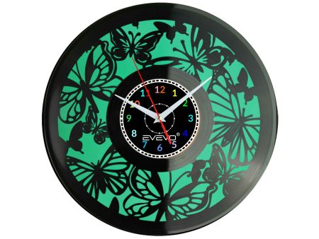 ZEGAR ŚCIENNY MOTYLE MOTYLKI ENTOMOLOGIA LATAWCE FLUORESCENCYJNE TŁO PŁYTA WINYLOWA PREZENT UPOMINEKA GIFT SOUVENIR EVEVO F0098