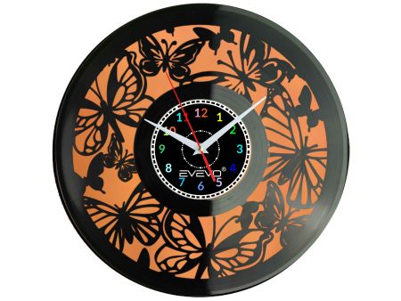 ZEGAR ŚCIENNY MOTYLE MOTYLKI ENTOMOLOGIA LATAWCE FLUORESCENCYJNE TŁO PŁYTA WINYLOWA PREZENT UPOMINEKA GIFT SOUVENIR EVEVO F0098