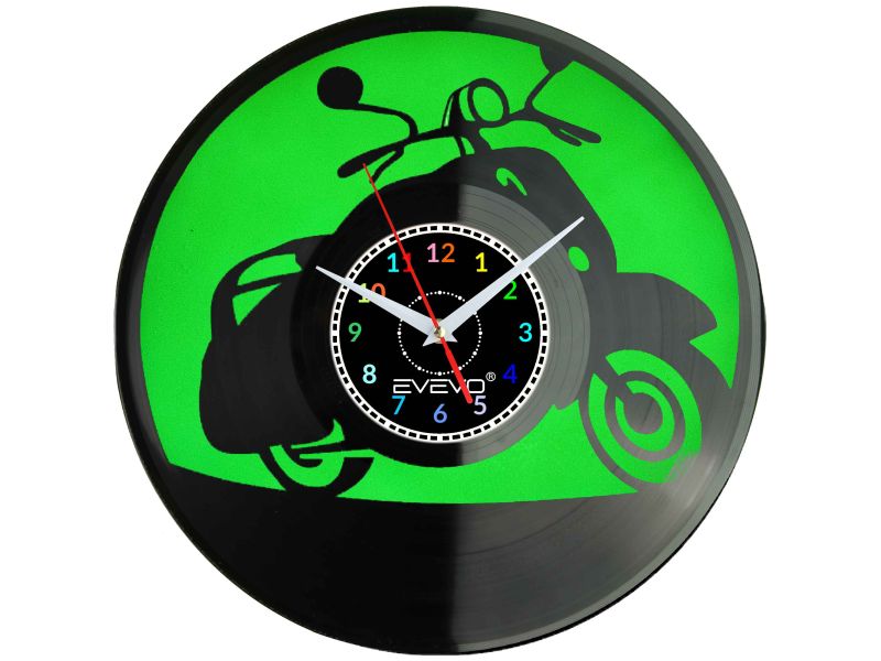 ZEGAR ŚCIENNY SKUTER MOTOROWER KLASYCZNY WŁOSKI FLUORESCENCYJNE TŁO PŁYTA WINYLOWA PREZENT UPOMINEKA GIFT SOUVENIR EVEVO W0099