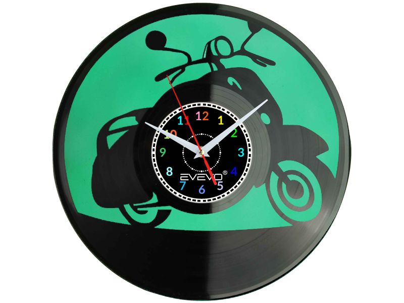 ZEGAR ŚCIENNY SKUTER MOTOROWER KLASYCZNY WŁOSKI FLUORESCENCYJNE TŁO PŁYTA WINYLOWA PREZENT UPOMINEKA GIFT SOUVENIR EVEVO W0099