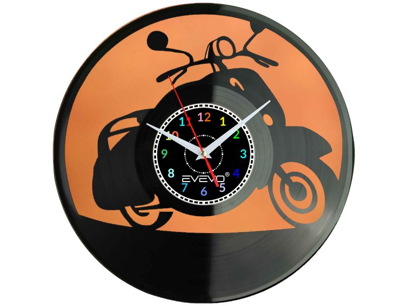 ZEGAR ŚCIENNY SKUTER MOTOROWER KLASYCZNY WŁOSKI FLUORESCENCYJNE TŁO PŁYTA WINYLOWA PREZENT UPOMINEKA GIFT SOUVENIR EVEVO F0099