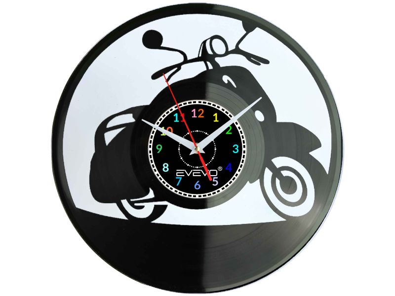ZEGAR ŚCIENNY SKUTER MOTOROWER KLASYCZNY WŁOSKI FLUORESCENCYJNE TŁO PŁYTA WINYLOWA PREZENT UPOMINEKA GIFT SOUVENIR EVEVO F0099