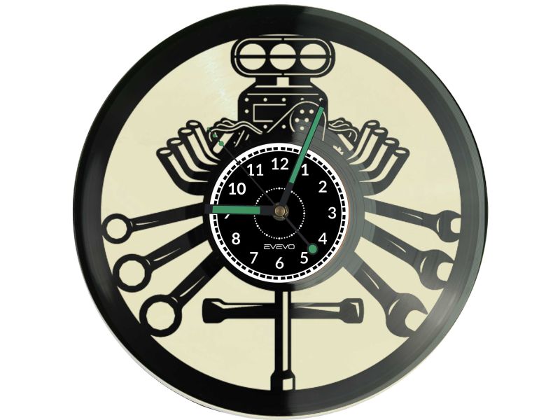 SERWIS SAMOCHODOWY ZEGAR MECHANIKA SILNIK Z PŁYTY WINYLOWEJ KOLOROWE TŁO DLA NIEGO DLA NIEJ PREZENT UPOMINEK PODARUNEK C0033