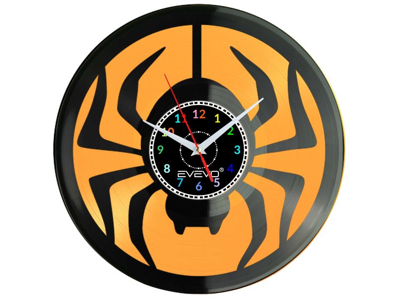 pająk, krzyżak, kosarz, sześcionogi, zegar z płyty winylowej, kolorowe tło, dla niego dla niej, dekoracja z owadem