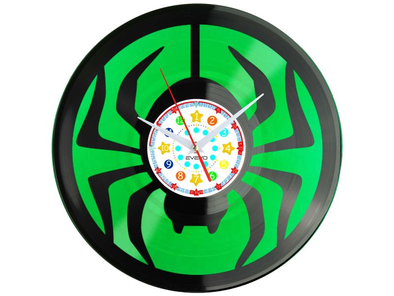 pająk, krzyżak, kosarz, sześcionogi, zegar z płyty winylowej, kolorowe tło, dla niego dla niej, dekoracja z owadem