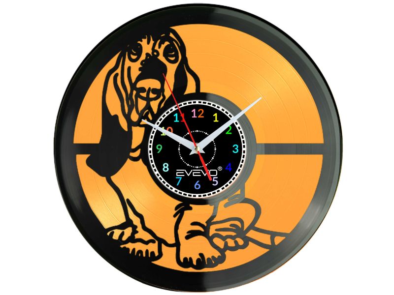 BASSET BRETOŃSKI ZEGAR ŚCIENNY PIES HOUND Z PŁYTY WINYLOWEJ KOLOROWE TŁO DLA NIEGO DLA NIEJ PREZENT UPOMINEK PODARUNEK C0046