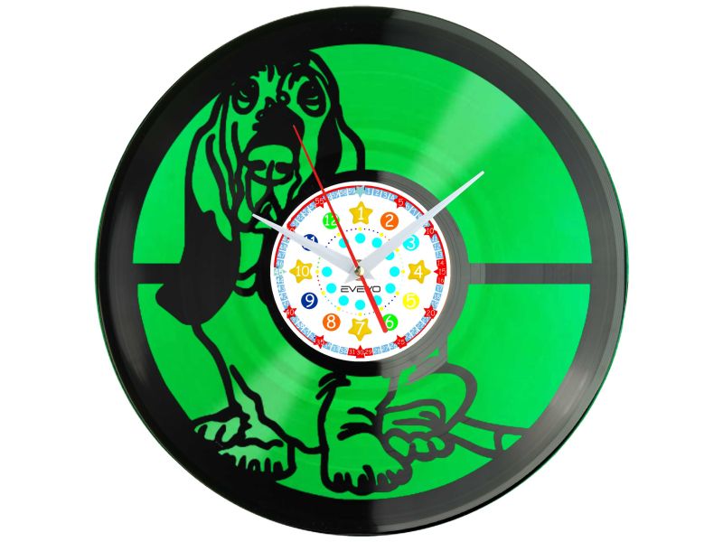 BASSET BRETOŃSKI ZEGAR ŚCIENNY PIES HOUND Z PŁYTY WINYLOWEJ KOLOROWE TŁO DLA NIEGO DLA NIEJ PREZENT UPOMINEK PODARUNEK C0046