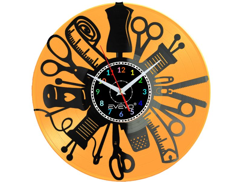 ZEGAR KRAWCOWEJ SZWACZKA MODYSTKA Z PŁYTY WINYLOWEJ KOLOROWE TŁO DLA NIEGO DLA NIEJ PREZENT UPOMINEK PODARUNEK C0049