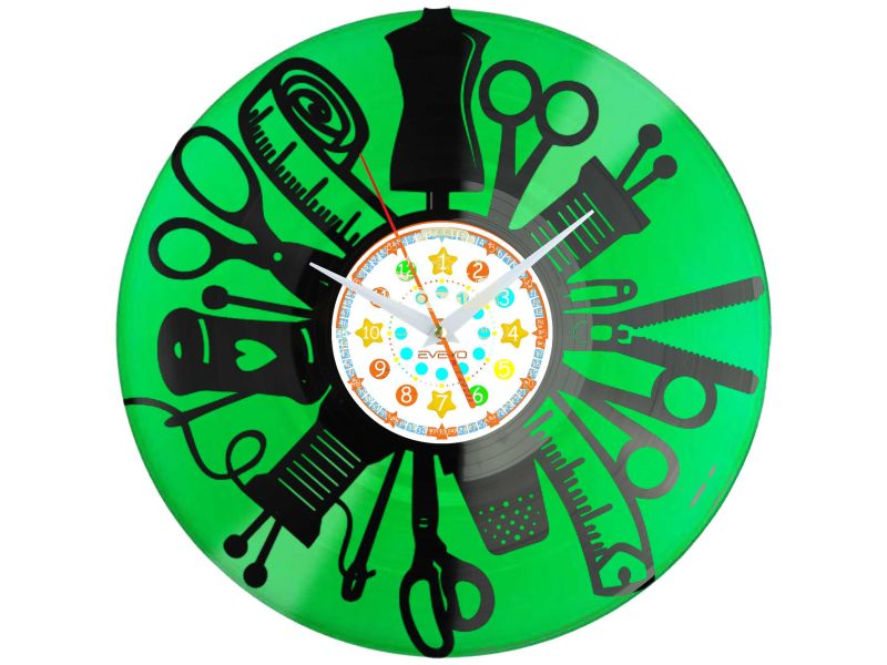 ZEGAR KRAWCOWEJ SZWACZKA MODYSTKA Z PŁYTY WINYLOWEJ KOLOROWE TŁO DLA NIEGO DLA NIEJ PREZENT UPOMINEK PODARUNEK C0049