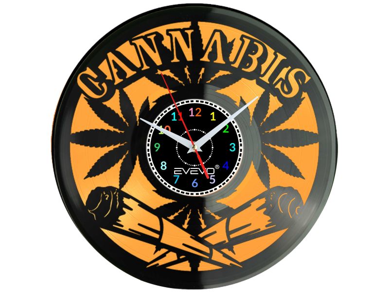 ZEGAR PASJONATA CANNABIS Z PŁYTY WINYLOWEJ KOLOROWE TŁO DLA NIEGO DLA NIEJ PREZENT UPOMINEK PODARUNEK C0050