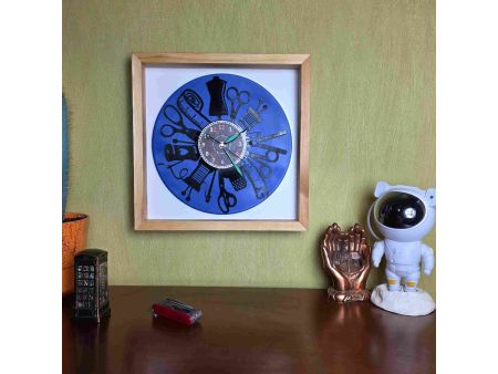 Zegar Krawcowej Ścienny Drewniana Ramka 35x35cm Kolorowe Tło Winyl Płyta Winylowa Prezent Urodziny Upominek EVEVO W0049RT