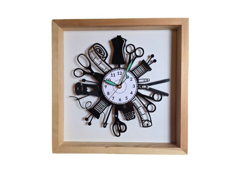 Zegar Krawcowej  Zegar Ścienny Drewniana Ramka 35x35cm Winyl Płyta Winylowa Prezent Urodziny Upominek EVEVO W0049R