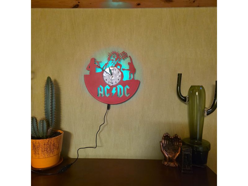AC/DC Zegar Ścienny z Płyty Winylowej Kolorowy LED RGB Pilot Zegar Rockowy Prezent Upominek dla Fana 9 Kolorów EVEVO V0008KLED