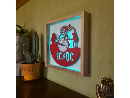 AC/DC Zegar Ścienny w  Drewnianej Ramce 35x35cm LED RGB Płyty Winylowej Kolorowy Rockowy Bez Kabli 9 Kolorów EVEVO V0008RKLED