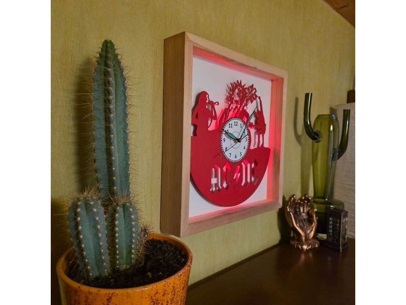 AC/DC Zegar Ścienny w  Drewnianej Ramce 35x35cm LED RGB Płyty Winylowej Kolorowy Rockowy Bez Kabli 9 Kolorów EVEVO V0008RKLED