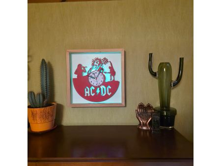 AC/DC Zegar Ścienny w  Drewnianej Ramce 35x35cm LED RGB Płyty Winylowej Kolorowy Rockowy Bez Kabli 9 Kolorów EVEVO V0008RKLED