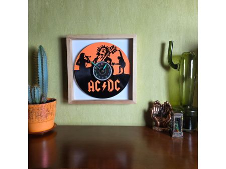 AC/DC Zegar Ścienny z Płyty Winylowej W Ramce 35x35cm Kolorowe Tło Zegar Rockowy Prezent dla Fana 9 Kolorów EVEVO V0008RTT