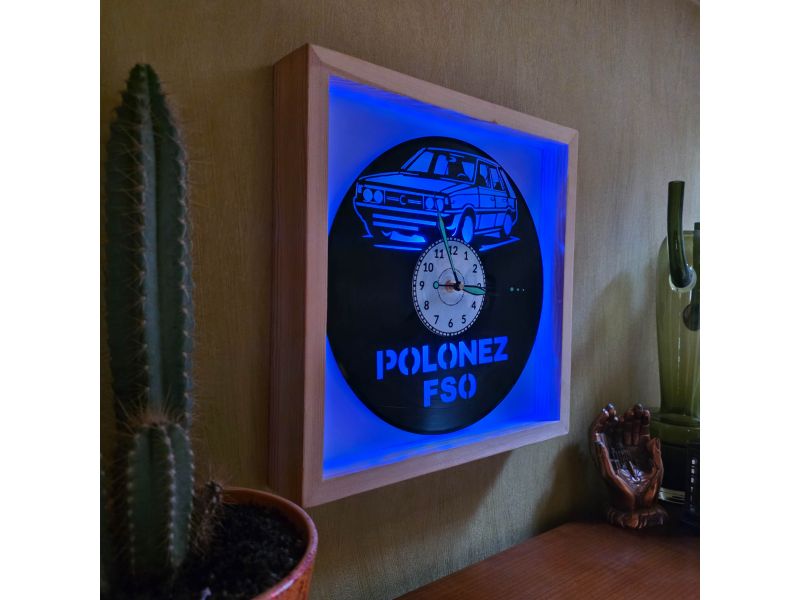 Polonez FSO Zegar Ścienny w Drewnianej Ramce 35x35x5cm LED RGB Płyta Winylowa Prezent Urodziny Upominek EVEVO evevo.pl V0001RLED