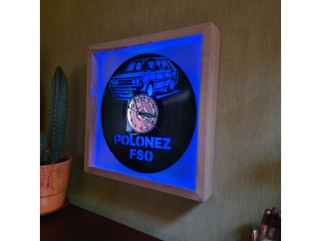 Polonez FSO Zegar Ścienny w Drewnianej Ramce 35x35x5cm LED RGB Płyta Winylowa Prezent Urodziny Upominek EVEVO evevo.pl V0001RLED