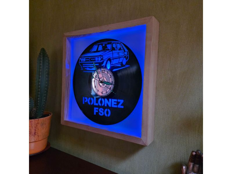 Polonez FSO Zegar Ścienny w Drewnianej Ramce 35x35x5cm LED RGB Płyta Winylowa Prezent Urodziny Upominek EVEVO evevo.pl V0001RLED