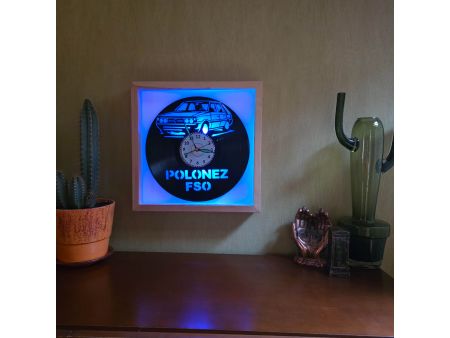 Polonez FSO Zegar Ścienny w Drewnianej Ramce 35x35x5cm LED RGB Płyta Winylowa Prezent Urodziny Upominek EVEVO evevo.pl V0001RLED