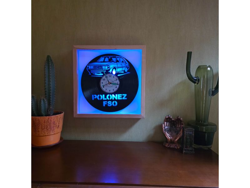 Polonez FSO Zegar Ścienny w Drewnianej Ramce 35x35x5cm LED RGB Płyta Winylowa Prezent Urodziny Upominek EVEVO evevo.pl V0001RLED