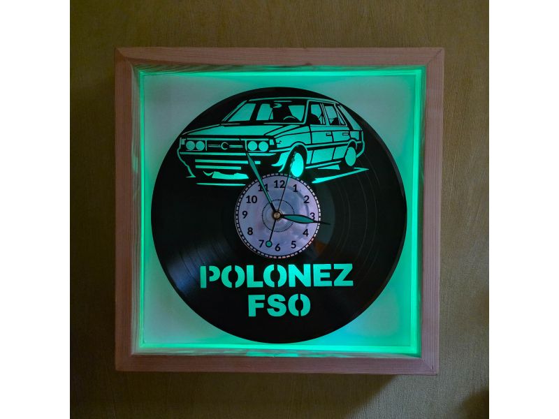 Polonez FSO Zegar Ścienny w Drewnianej Ramce 35x35x5cm LED RGB Płyta Winylowa Prezent Urodziny Upominek EVEVO evevo.pl V0001RLED