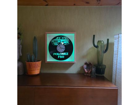 Polonez FSO Zegar Ścienny w Drewnianej Ramce 35x35x5cm LED RGB Płyta Winylowa Prezent Urodziny Upominek EVEVO evevo.pl V0001RLED