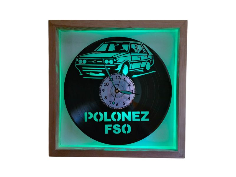 Polonez FSO Zegar Ścienny w Drewnianej Ramce 35x35x5cm LED RGB Płyta Winylowa Prezent Urodziny Upominek EVEVO evevo.pl V0001RLED