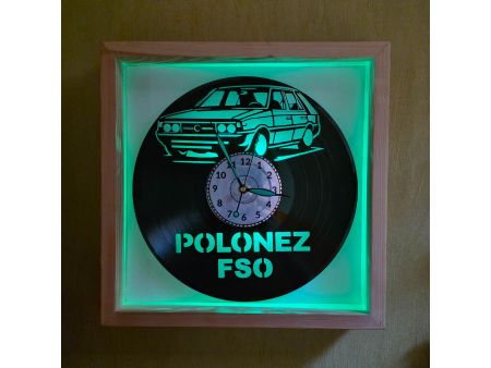 Polonez FSO Zegar Ścienny w Drewnianej Ramce 35x35x5cm LED RGB Płyta Winylowa Prezent Urodziny Upominek EVEVO evevo.pl V0001RLED