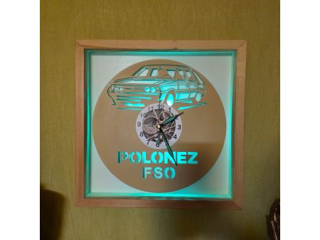 Polonez FSO Zegar Ścienny Kolorowy w Drewnianej Ramce 35x35cm LRD RGB Płyta Winylowa Prezent Urodziny evevo.pl V0001RKLED