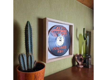 Polonez FSO Zegar Ścienny z Kolorowym Tłem w Drewnianej Ramce 35x35cm Płyta Winylowa Prezent Urodziny evevo.pl V0001RT