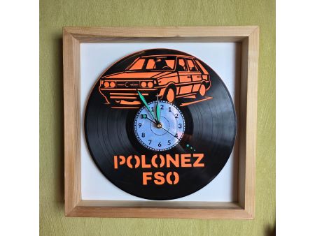 Polonez FSO Zegar Ścienny z Kolorowym Tłem w Drewnianej Ramce 35x35cm Płyta Winylowa Prezent Urodziny evevo.pl V0001RT