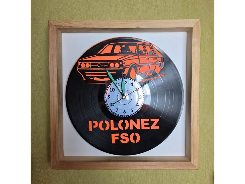 Polonez FSO Zegar Ścienny z Kolorowym Tłem w Drewnianej Ramce 35x35cm Płyta Winylowa Prezent Urodziny evevo.pl V0001RT
