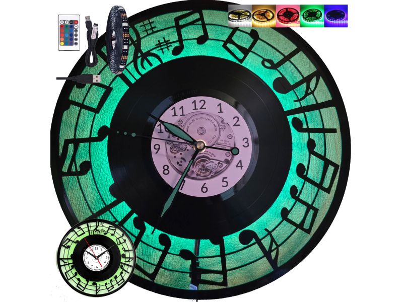 Nuty Zegar Ścienny LED RGB Pilot Winyl Płyta Winylowa Prezent Urodziny Upominek dla Fana EVEVO evevo.pl V0002LED