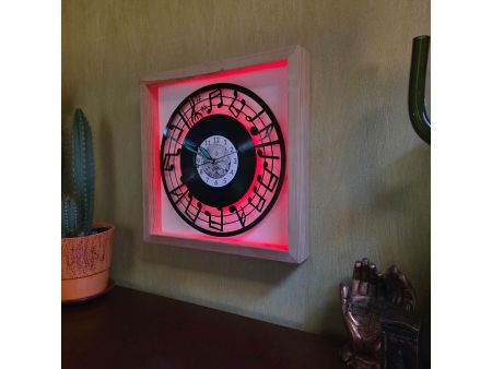 Nuty Zegar Ścienny w Drewnianej Ramce 35x35x5cm LED RGB Winyl Płyta Winylowa Prezent Urodziny Upominek dla Fana EVEVO V0002RLED