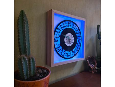 Nuty Zegar Ścienny w Drewnianej Ramce 35x35x5cm LED RGB Winyl Płyta Winylowa Prezent Urodziny Upominek dla Fana EVEVO V0002RLED