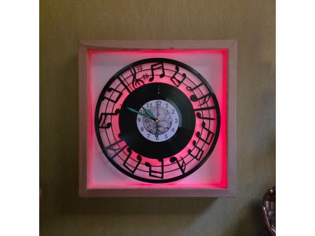 Nuty Zegar Ścienny w Drewnianej Ramce 35x35x5cm LED RGB Winyl Płyta Winylowa Prezent Urodziny Upominek dla Fana EVEVO V0002RLED