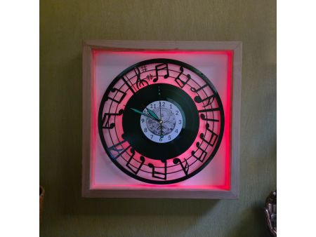 Nuty Zegar Ścienny w Drewnianej Ramce 35x35x5cm LED RGB Winyl Płyta Winylowa Prezent Urodziny Upominek dla Fana EVEVO V0002RLED