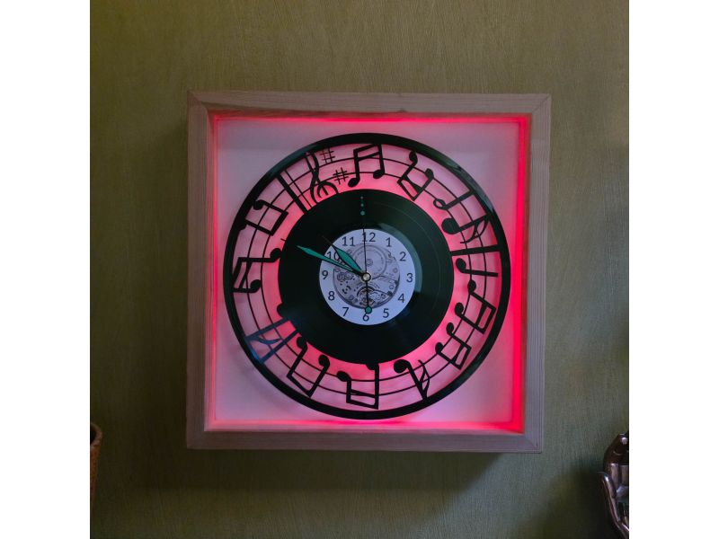 Nuty Zegar Ścienny w Drewnianej Ramce 35x35x5cm LED RGB Winyl Płyta Winylowa Prezent Urodziny Upominek dla Fana EVEVO V0002RLED