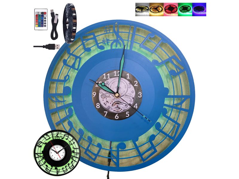 Nuty Zegar Ścienny 9 Kolorów LED RGB do Wyboru Winyl Płyta Winylowa Prezent Urodziny Upominek dla Fana EVEVO V0002KLED