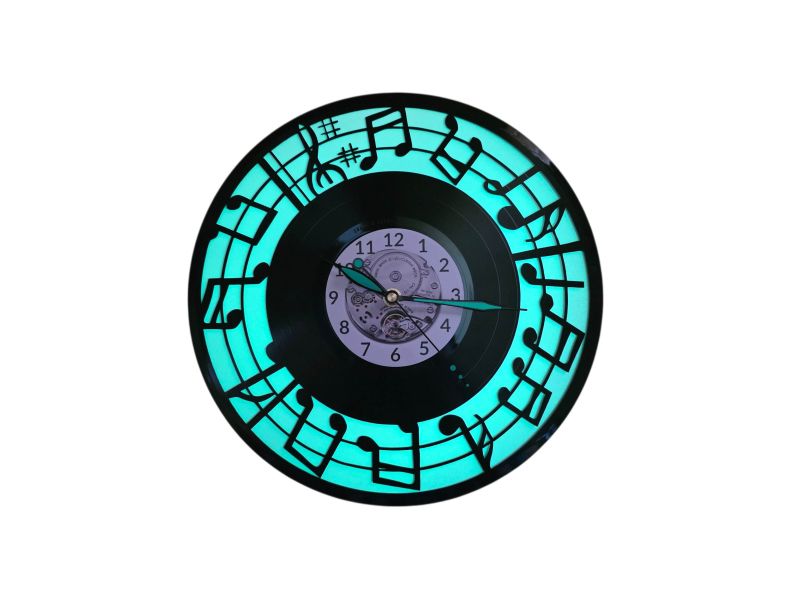 Nuty Zegar Ścienny Fluorescencyjne Tło Płyta Winylowa Prezent Urodziny Upominek dla Fana EVEVO V0002RT