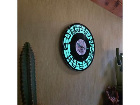 Nuty Zegar Ścienny Biały Kolor Fluorescencyjne Tło Płyta Winylowa Prezent Urodziny Upominek dla Fana EVEVO V0002F