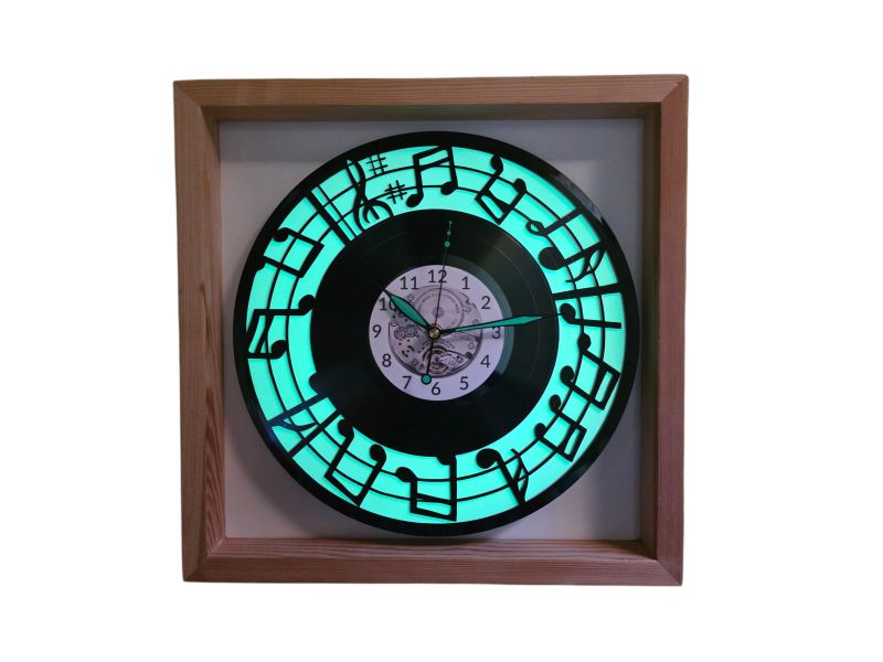 Nuty Zegar Ścienny Biały Kolor Fluorescencyjne Ramka 35x35cm Tło Płyta Winylowa Prezent Urodziny Upominek dla Fana EVEVO V0002RF