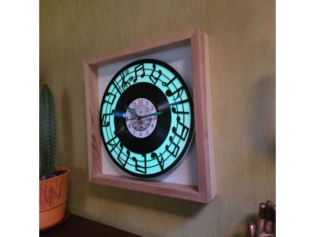Nuty Zegar Ścienny Biały Kolor Fluorescencyjne Ramka 35x35cm Tło Płyta Winylowa Prezent Urodziny Upominek dla Fana EVEVO V0002RF