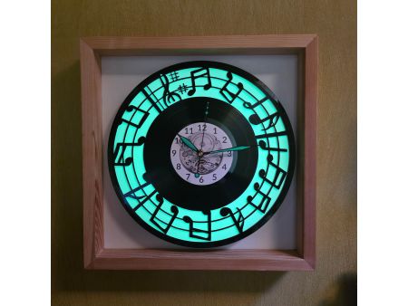 Nuty Zegar Ścienny Biały Kolor Fluorescencyjne Ramka 35x35cm Tło Płyta Winylowa Prezent Urodziny Upominek dla Fana EVEVO V0002RF