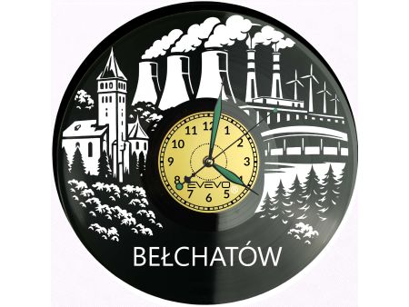 Zegar Bełchatów z płyty winylowej – unikalna dekoracja z lokalnym motywem. Idealny prezent i oryginalny upominek