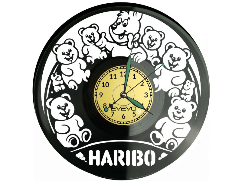 Haribo Misie zegar ścienny z winylu! Słodka dekoracja retro i idealny prezent dla każdego. Cichy mechanizm, design V0055.
