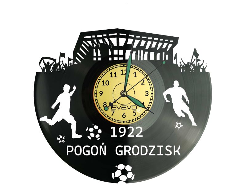 Zegar ścienny Pogoń Grodzisk z winylu! Wyjątkowa dekoracja stadionu i idealny prezent dla fana. Cichy mechanizm płynący