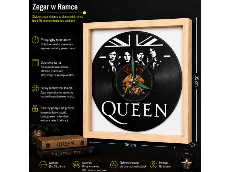 Queen Winyl Zegar Ścienny Płyta Winylowa Unikalna Dekoracja Dla Fanów Muzyki Rockowej I Popkultury EVEVO Z0007
